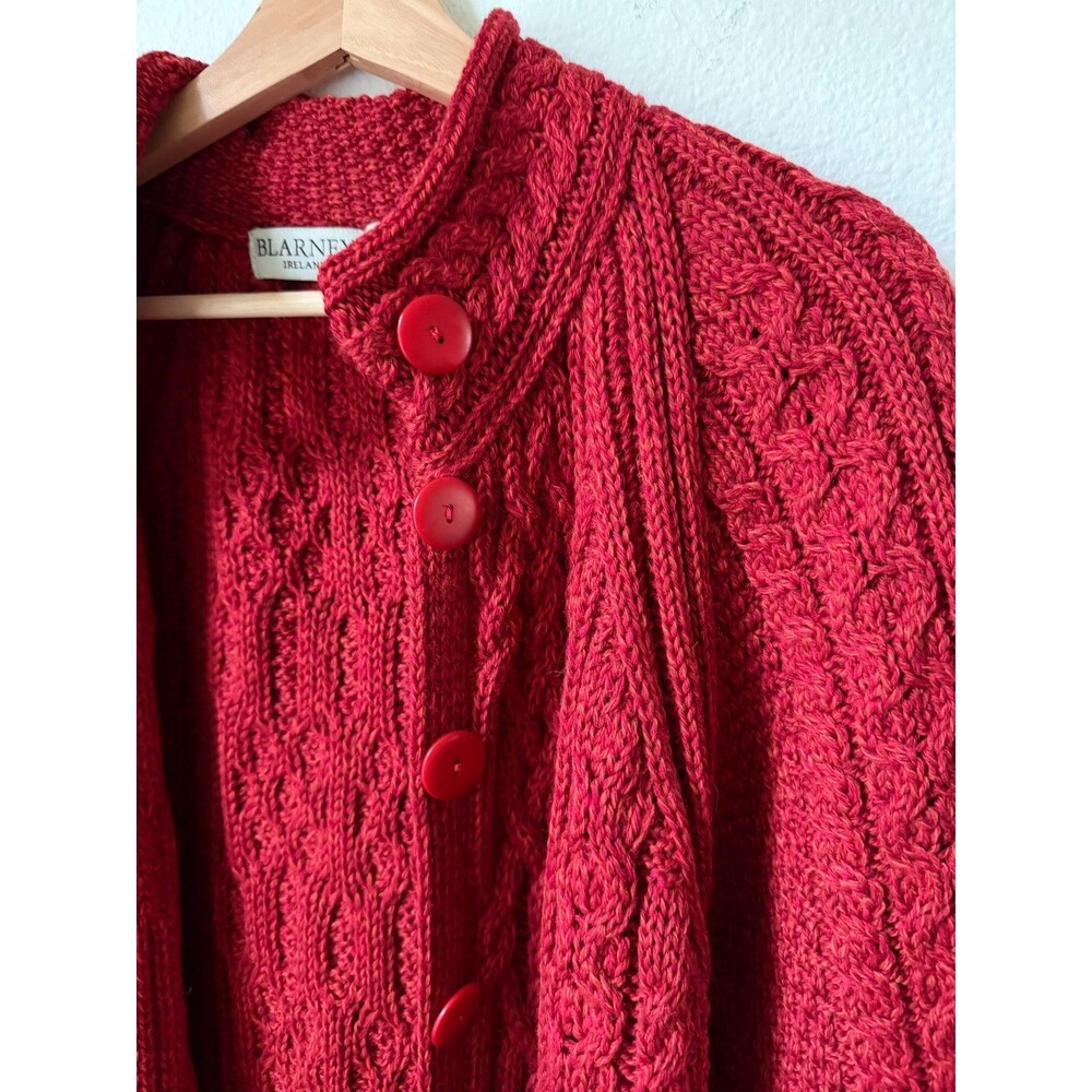 Blarney Ireland 100% Merino Wool Long Cable Knit Sweater L Made in Ireland Red - Picture 9 of 11